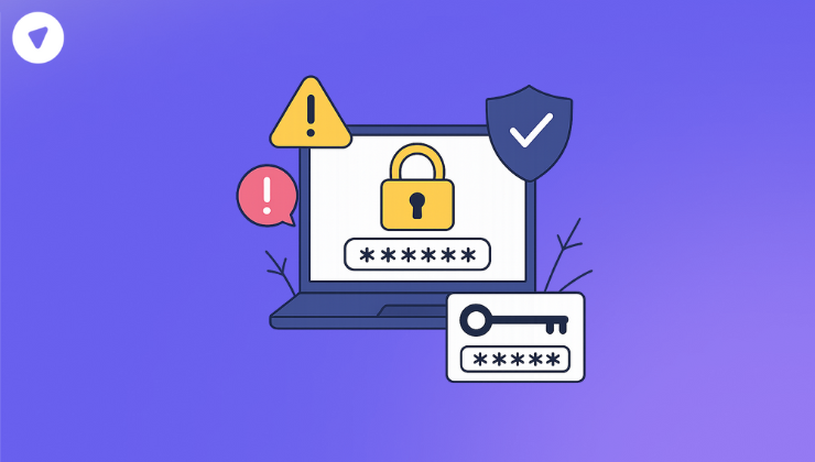 Laptop screen displaying encrypted credentials surrounded by alerts