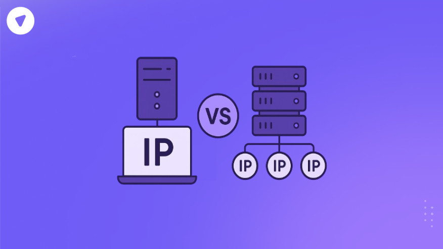 Minimal illustration comparing dedicated IP vs shared IP, showing a single server for dedicated IP and multiple servers connected to shared IPs.