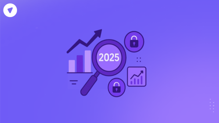 Minimal illustration showing cybersecurity market growth in 2025 with graphs, magnifying glass, and security lock icons highlighting future trends.