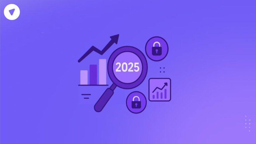 Minimal illustration showing cybersecurity market growth in 2025 with graphs, magnifying glass, and security lock icons highlighting future trends.