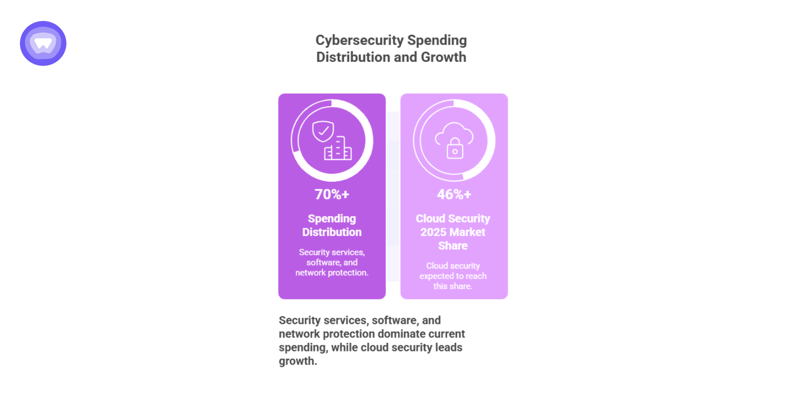 Infographic on cybersecurity spending highlighting 70% share in security services, software, and network protection, and a projected 46% market share for cloud security by 2025.