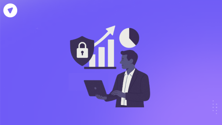 “Illustration representing cybersecurity spending growth, showing a professional analyzing rising data charts with shield and lock icons symbolizing secure investment trends.”