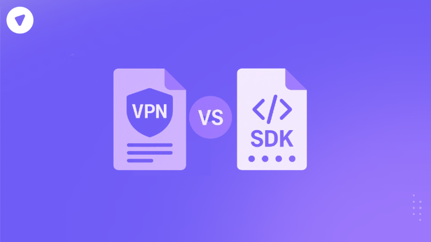 Minimalist comparison graphic showing VPN API vs VPN SDK, featuring two document icons on a purple background representing API and SDK integration options