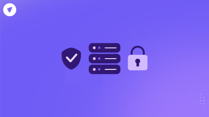 A minimalistic illustration showing a secure data stack with a shield, servers, and a lock, representing MSP future security and data protection layers.