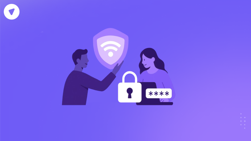 A minimalistic illustration showing a man and woman connecting a VPN shield and password lock, symbolizing the white label VPN password manager bundle.