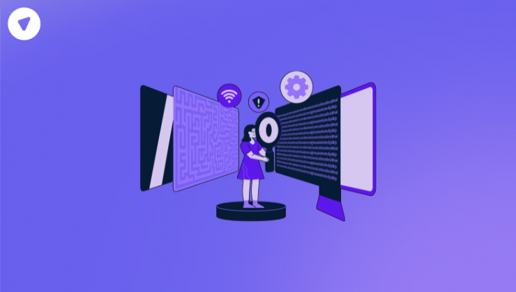 Illustration showing a woman analyzing encrypted data on multiple digital screens, symbolizing the concept of cybersecurity as a business with a focus on data protection, network safety and secure technology management