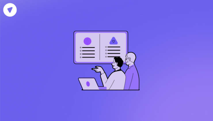 Illustration showing two people analyzing a comparison chart on a large screen, symbolizing research and decision making patterns in VPN buyer behavior.