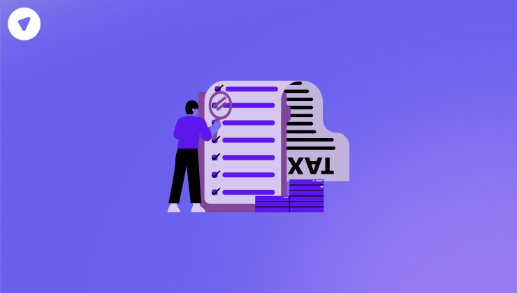 Illustration of a person reviewing a checklist and tax documents, representing SaaS vendor pricing and cost evaluation concepts on a purple background.