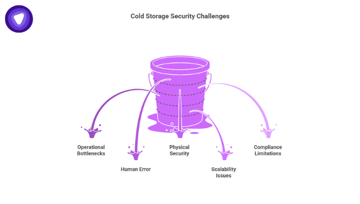Illustration showing the risks of using crypto cold storage wallets for businesses, including loss of access, human error, physical theft, scalability challenges, and lack of audit controls.
