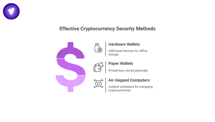 Illustration representing crypto cold storage wallets, showing hardware and paper wallets along with air gapped computers to emphasize protection from online threats.
