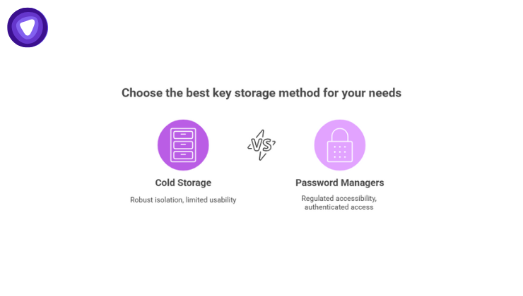 Illustration comparing crypto cold storage and password managers, showing the trade-off between isolation and accessibility, with emphasis on layered security, encryption, and access control for businesses.
