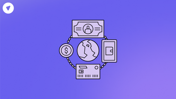 Minimalist illustration showing secure digital finance icons including a globe, credit card, crypto cold storage wallet, currency, and ID, linked together on a purple background.
