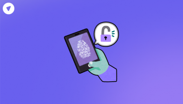 Illustration of a hand holding a smartphone with a fingerprint on the screen and a speech bubble showing an unlocked padlock, symbolizing importance of password manager bundles.