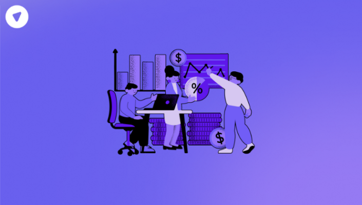 Illustration of three people analyzing financial data and graphs, with charts, dollar symbols, and percentage icons representing fintech growth and performance analysis.