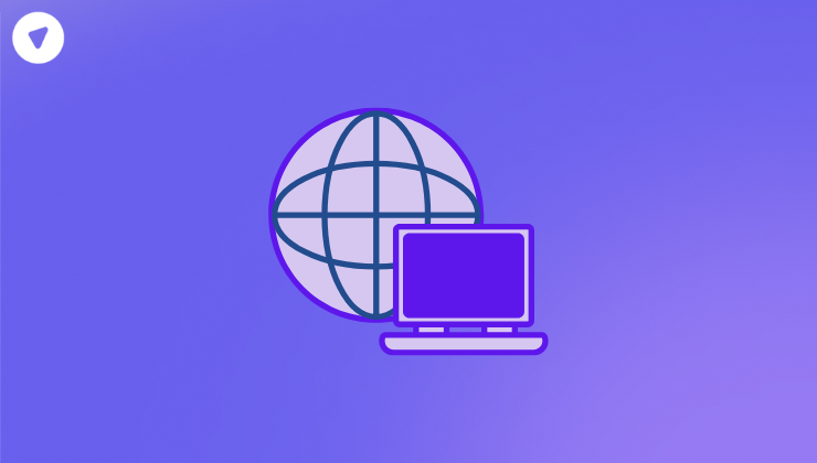 Minimalistic illustration of a laptop connected to a globe icon, symbolizing global internet access or VPN connectivity, on a purple gradient background.