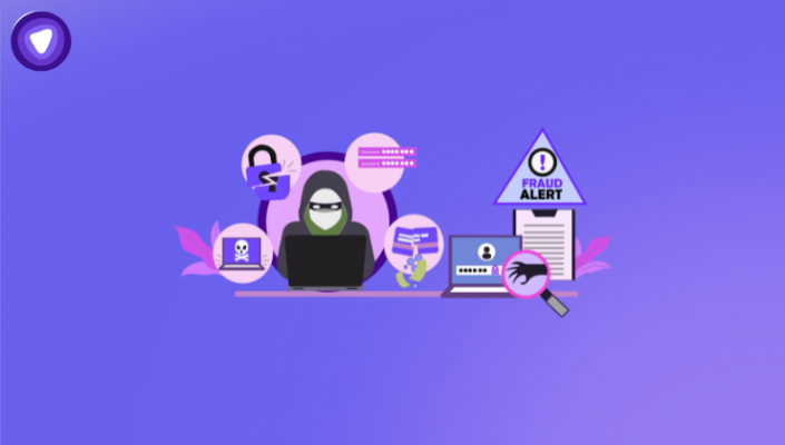 Illustration showing a hacker surrounded by cybersecurity icons such as password theft, lock symbols, fraud alert, and login screens, representing credential theft and identity fraud risks.