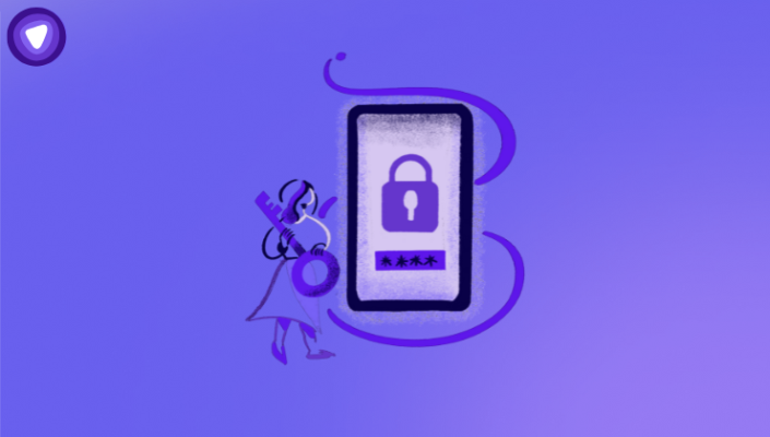 Illustration of a girl holding a key next to a password protected device, symbolizing the importance pf credential management.