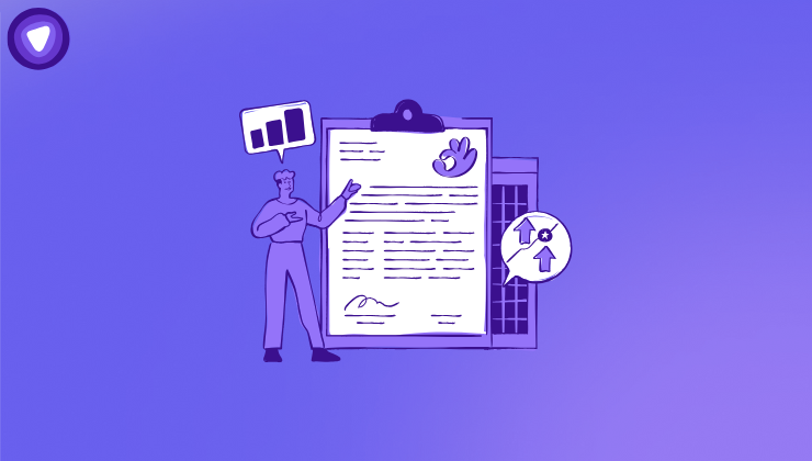 Illustration of a person presenting a compliance report on a clipboard, symbolizing SOC 2 and ISO 27001 audit readiness.