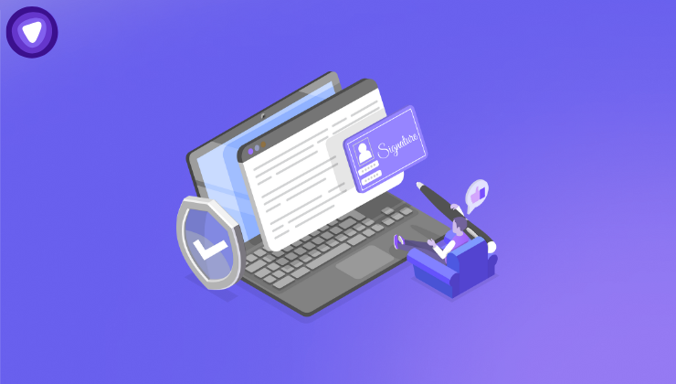 Illustration of a laptop with digital forms, an electronic signature card, and a person sitting beside it, symbolizing secure digital document management on a purple background.