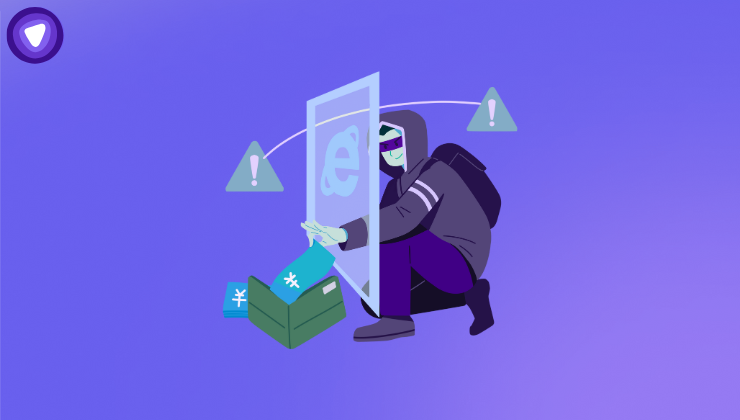 A cybercriminal hacking the network to gain access to someone's financial assets against a purple background, highlighting the importance of cybersecurity measures in 2025.