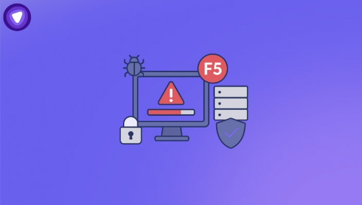 Illustration of a desktop with a warning sign showing a threat against a purple background and symbolizing the F5 breach.