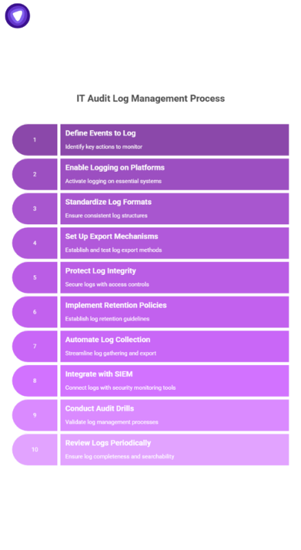 Visual workflow outlining a ten-step IT audit log management process, covering event definition, logging setup, format standardization, export mechanisms, integrity protection, retention policies, SIEM integration, and periodic review of audit logs.