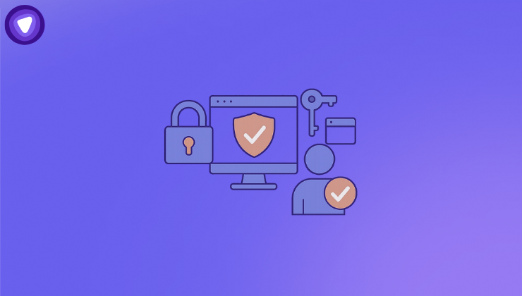 Minimalistic illustration showing symbols for zero knowledge architecture including security and encryption keys on a desktop, against a purple background.