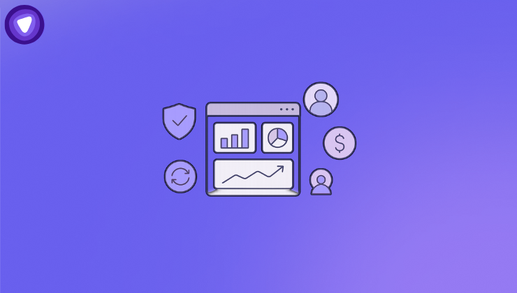 Minimalistic illustration of symbols representing a fintech startup, including charts and graphs, against a purple background.