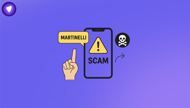 Illustration of icons and warning sign against a purple background, symbolizing the Martinelli Scam that has resurfaced in 2025.