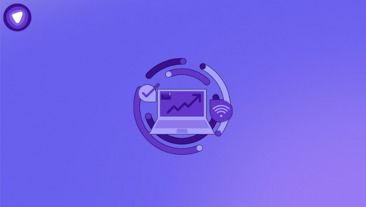 Minimalistic illustration showing symbols for a device and multi site connectivity against a purple background.
