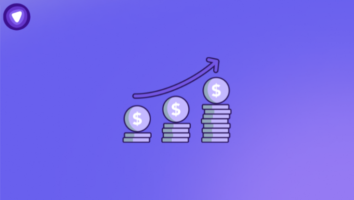 Minimalistic symbols of growing recurring revenue against a purple background, highlighting the importance of a simple 3-offer system for VPN resellers.