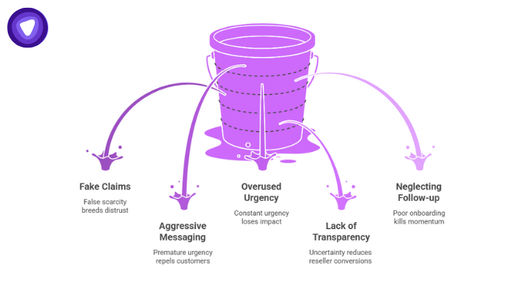 Graphic highlighting common mistakes in using scarcity and FOMO for VPN resellers including false claims, aggressive messaging, and lack of transparency.
