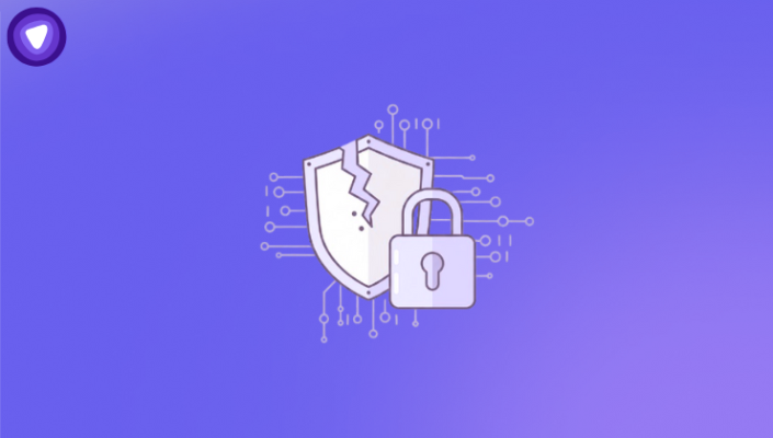 A minimalist vector illustration of a digital shield with glowing circuit nodes, set against a solid purple background.