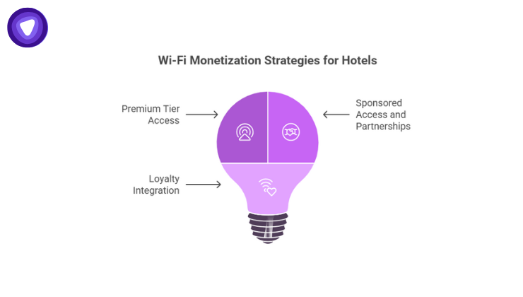 A purple lightbulb-shaped infographic highlighting three key revenue-generating pillars: premium tier access, sponsored access and partnerships, and loyalty program integration.
