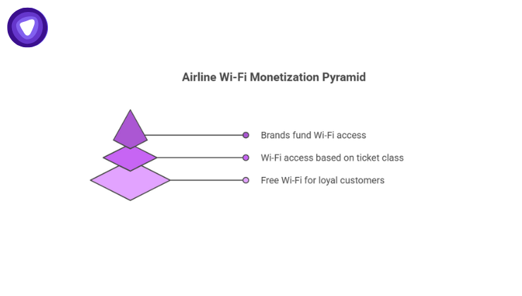 A purple tiered diamond graphic illustrating a strategy where brands fund access at the top, ticket class determines access in the middle, and loyal customers receive free Wi-Fi at the base.
