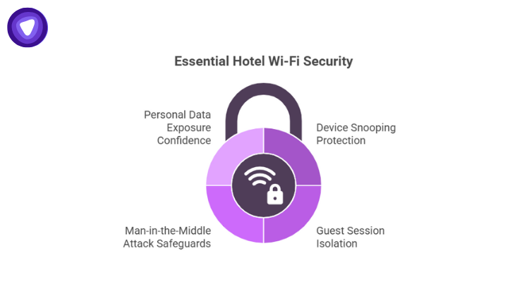 A circular graphic illustrates core security features, including personal data exposure confidence, device snooping protection, guest session isolation, and man-in-the-middle attack safeguards.
