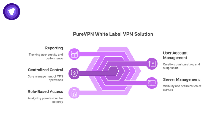 An infographic highlighting five management pillars: Reporting, Centralized Control, Role-Based Access, User Account Management, and Server Management.
