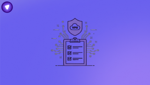 A minimalist vector illustration featuring a shield and cloud icon set against a purple background with thin circuit line accents, representing a secure and professional white-label VPN service checklist.