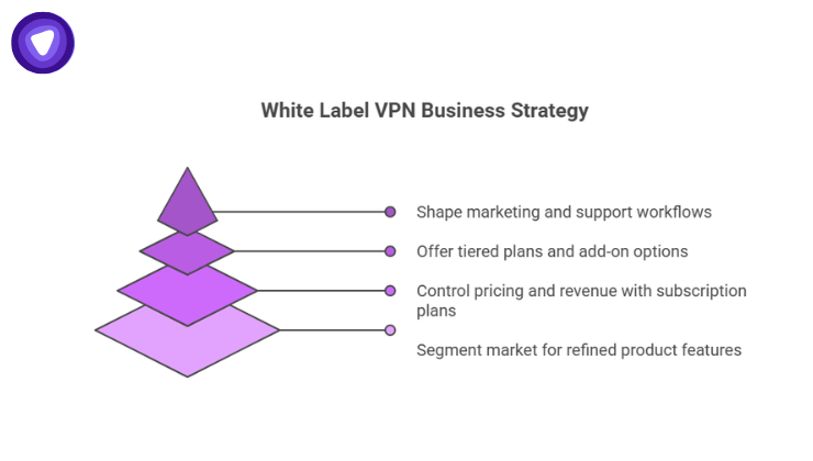 A pyramid infographic detailing marketing, tiered plans, subscription control, and market segmentation.
