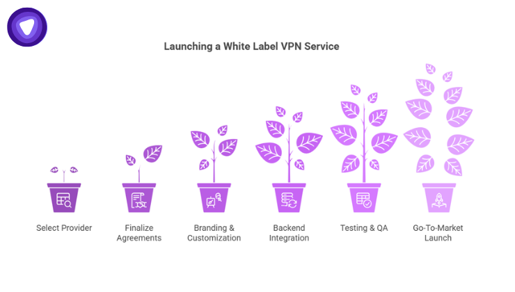 A six-step growth infographic illustrating the process from provider selection and customization to backend integration, testing, and launch.
