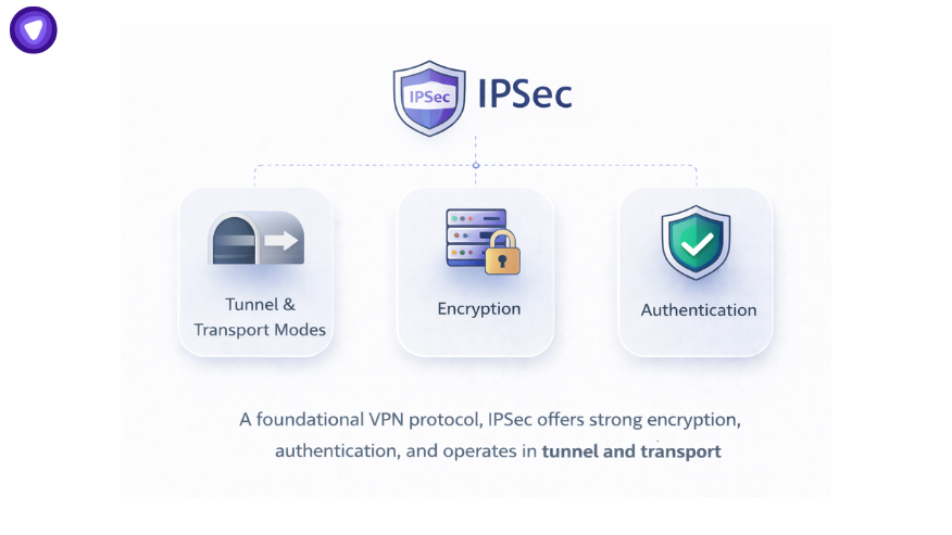 IPSec VPN protocol infographic showing tunnel and transport modes, encryption, and authentication features