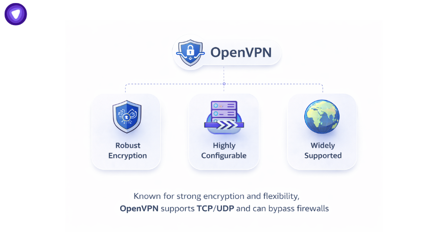 OpenVPN protocol infographic showing robust encryption, high configurability, and wide platform support.