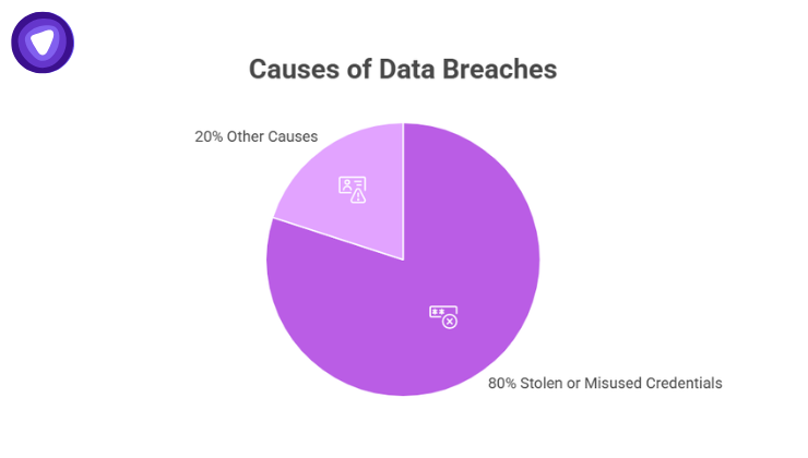 Pie chart showing that 80% of data breaches are caused by Stolen or Misused Credentials, while 20% are attributed to Other Causes.