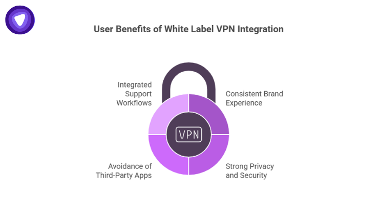 Circular infographic showcasing four key advantages: Integrated Support Workflows, Consistent Brand Experience, Strong Privacy and Security, and Avoidance of Third-Party Apps.
