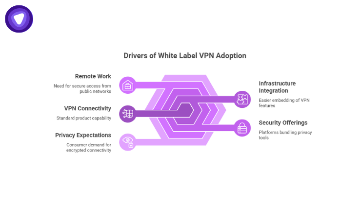 Hexagonal infographic outlining five key factors: Remote Work, Infrastructure Integration, VPN Connectivity, Security Offerings, and Privacy Expectations.