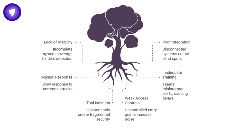 An infographic uses a tree metaphor with a dark purple silhouette to show the root causes of security vulnerabilities, with dashed lines pointing from the root system to various issues.
