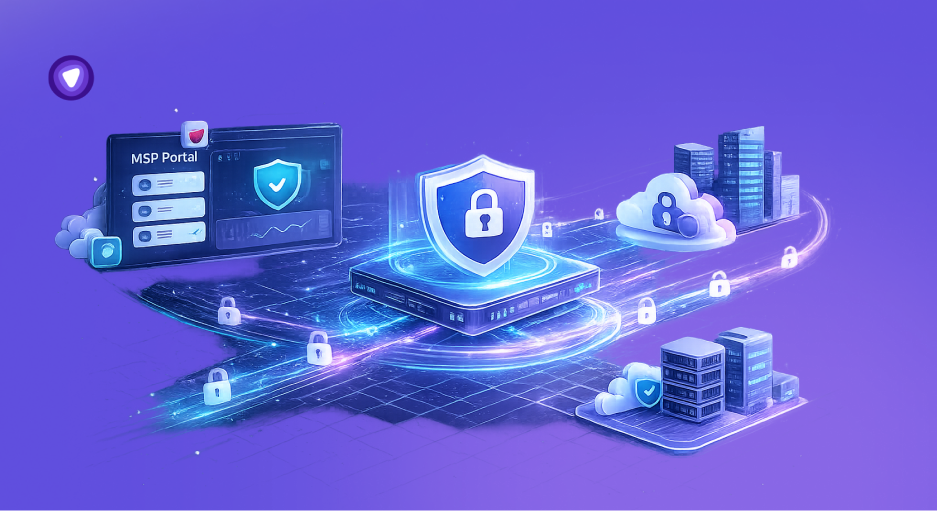 Purple and white graphic featuring a security shield, biometric profile, and lock symbolizing identity threat protection.