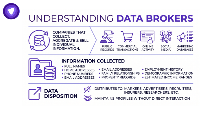 An infographic about data brokers with charts, icons, and bullet points.