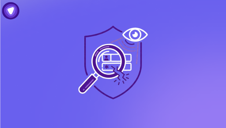 A purple and white icon showing a shield, a magnifying glass focused on login credentials, and a monitoring eye.