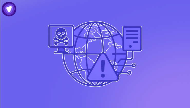 A purple cybersecurity graphic featuring a global wireframe globe overlaid with a skull-and-crossbones monitor icon, a server icon, and a prominent triangular warning sign.
